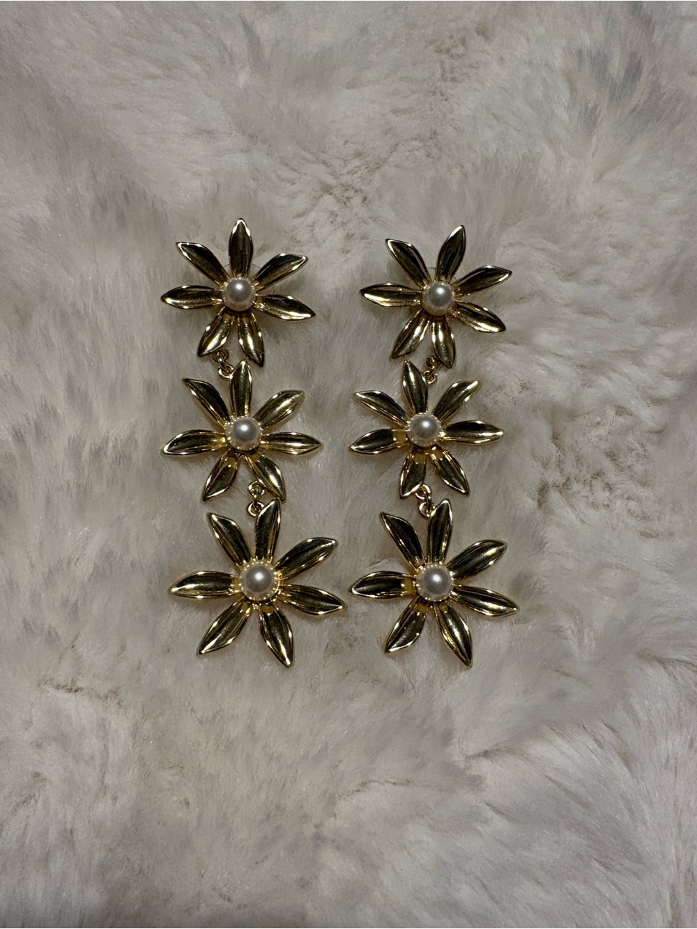 Gold Floral Drop Earrings with Pearl Centers